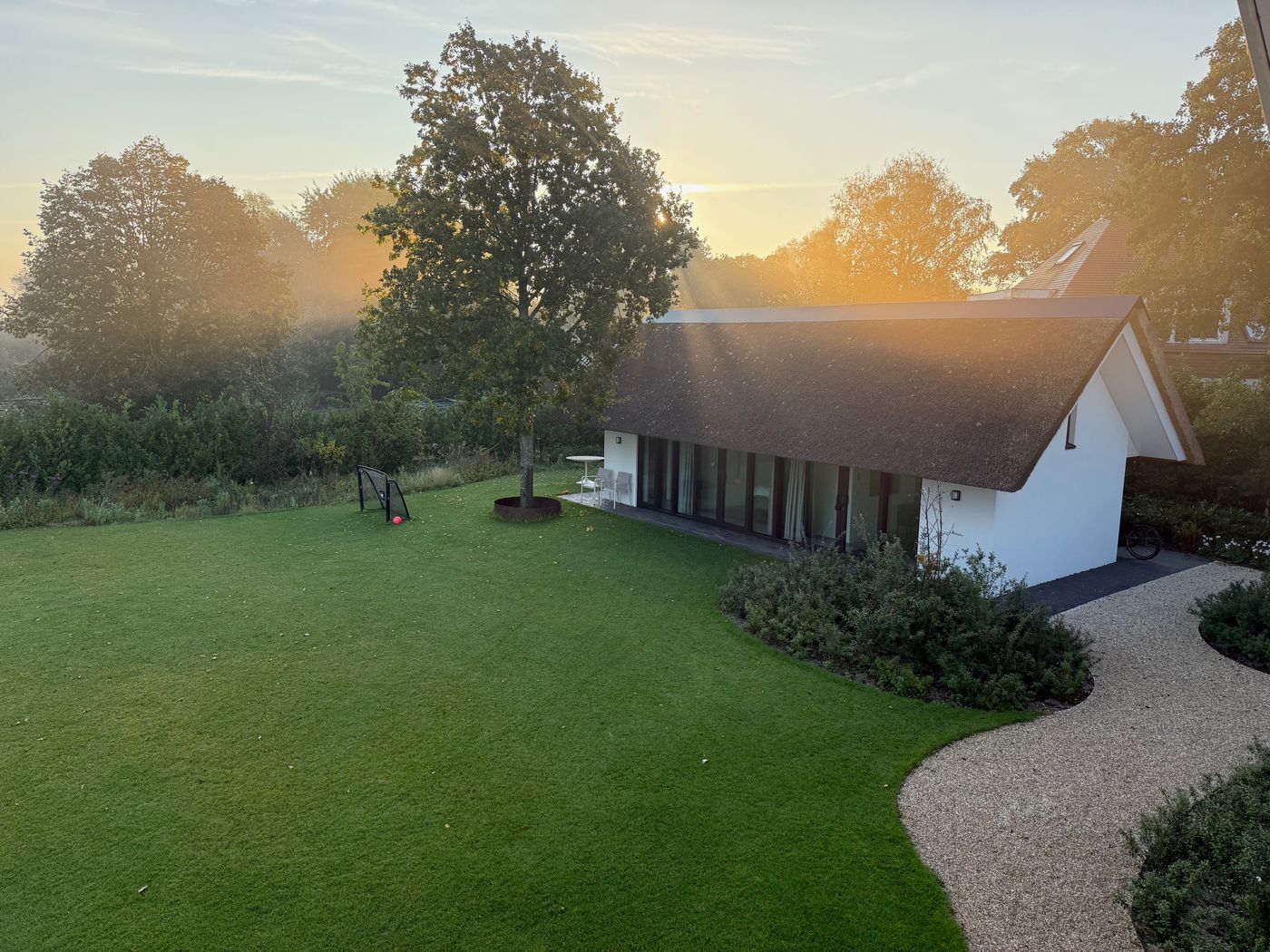 Das Gästehaus im ersten Licht, Nebel über dem Rasen